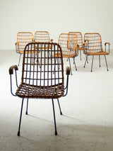 Juego de seis sillas de caña y hierro