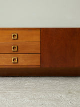 Mesa de centro cuadrada de madera, piel y latón