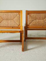 Pair of Pine and Rush Lounge Chairs