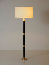 Llum de peu de ferro negre, bronze i pantalla de lli