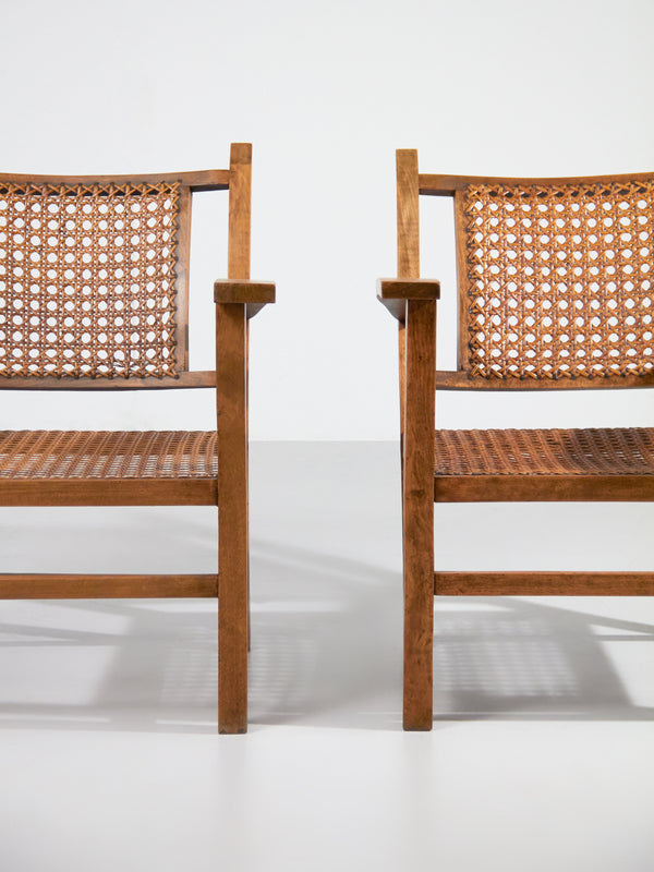 Pair of Walnut and Cane Armchairs