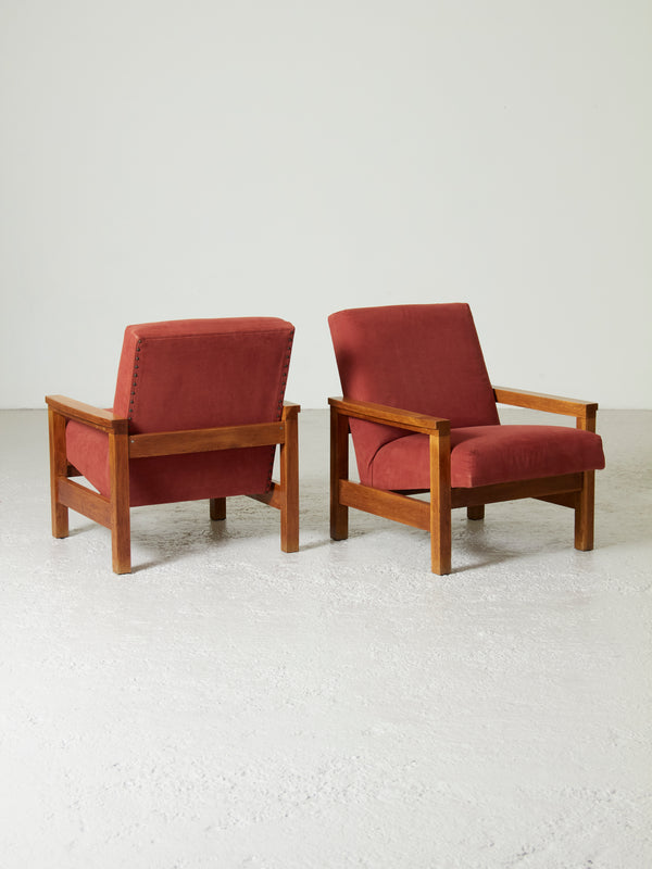 Pair of Upholstered Oak Armchairs