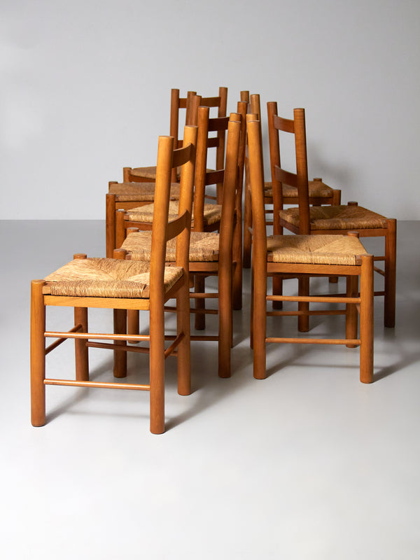 Set of Eight Beech and Rush Dining Chairs