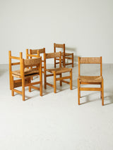 Set of Six Pine and Wicker Dining Chairs