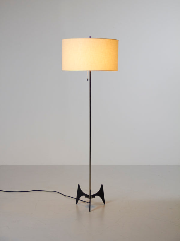 Floor Lamp in Black Iron, Chromed Steel and Fabric