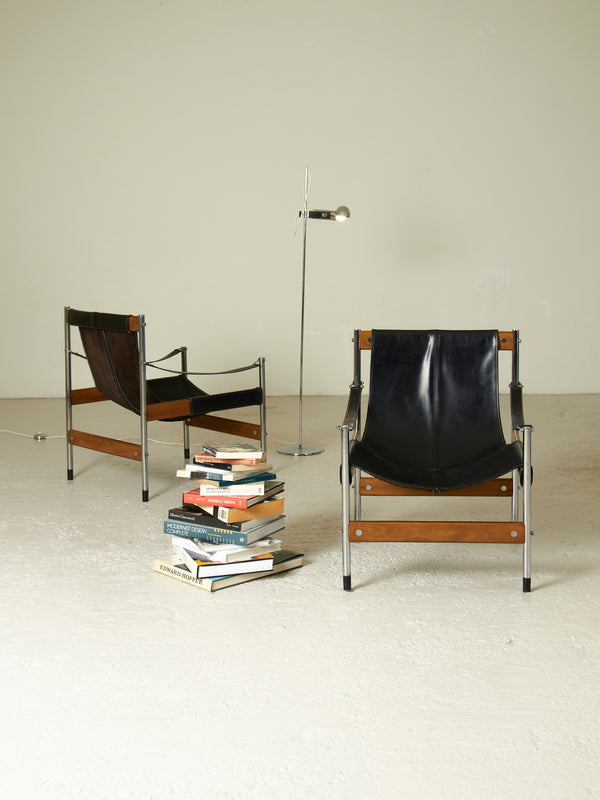 Pair of Wooden, Steel and Skay Armchairs