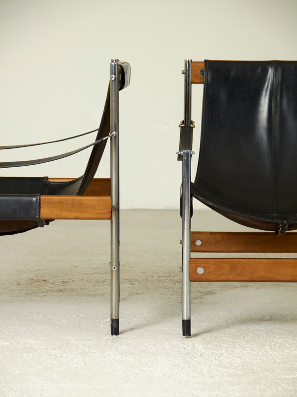 Pair of Wooden, Steel and Skay Armchairs