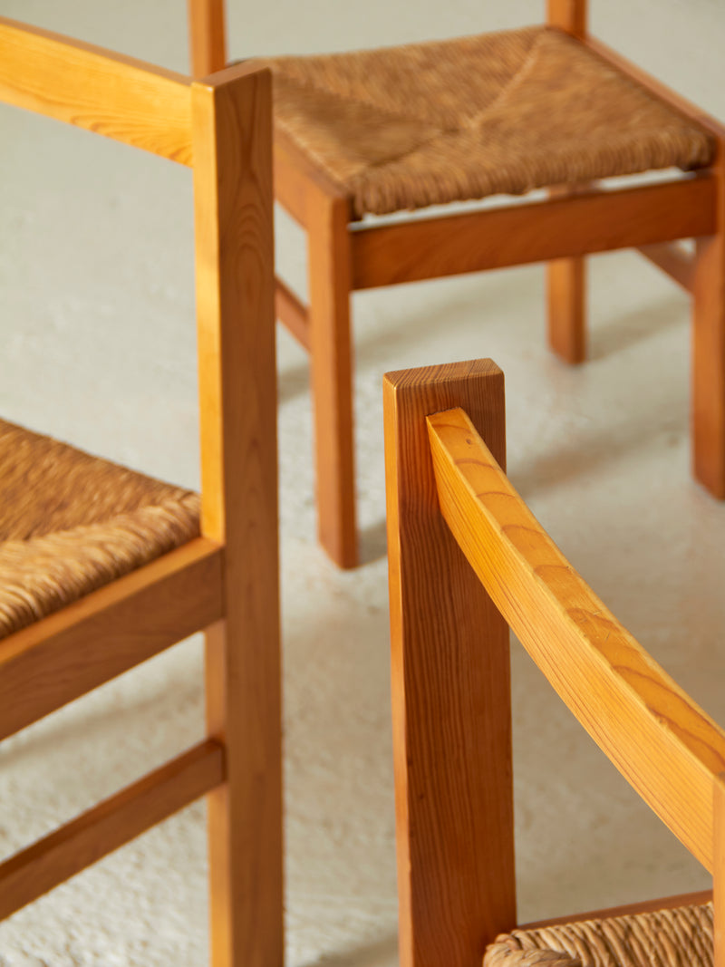 Set of Four Pine and Rush Dining Chairs