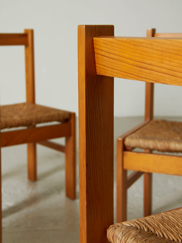 Set of Four Pine and Rush Dining Chairs