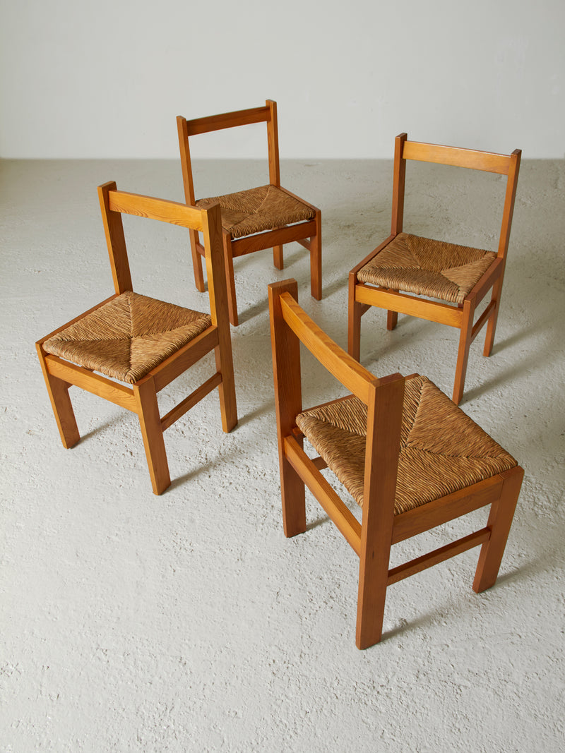 Set of Four Pine and Rush Dining Chairs