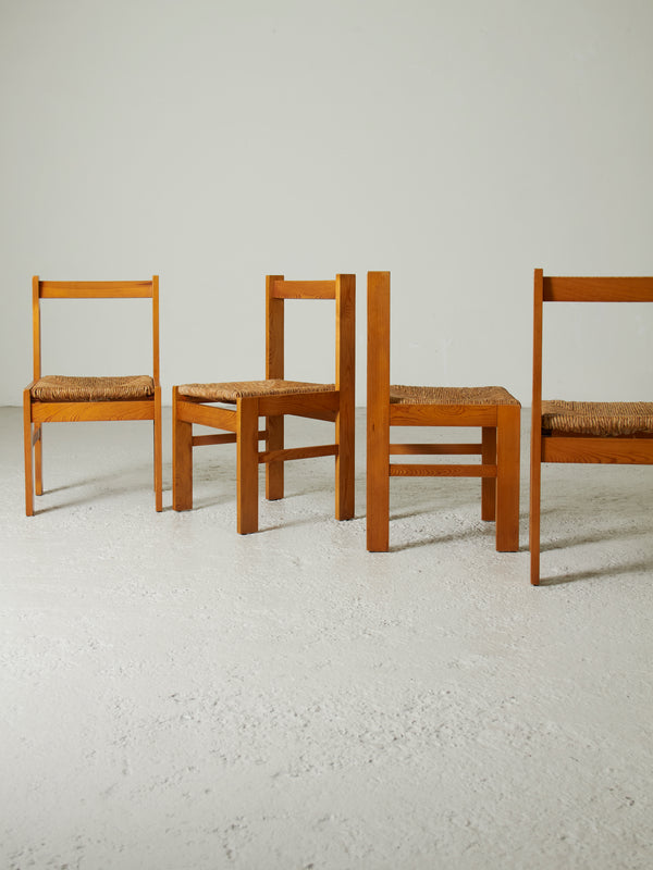 Set of Four Pine and Rush Dining Chairs