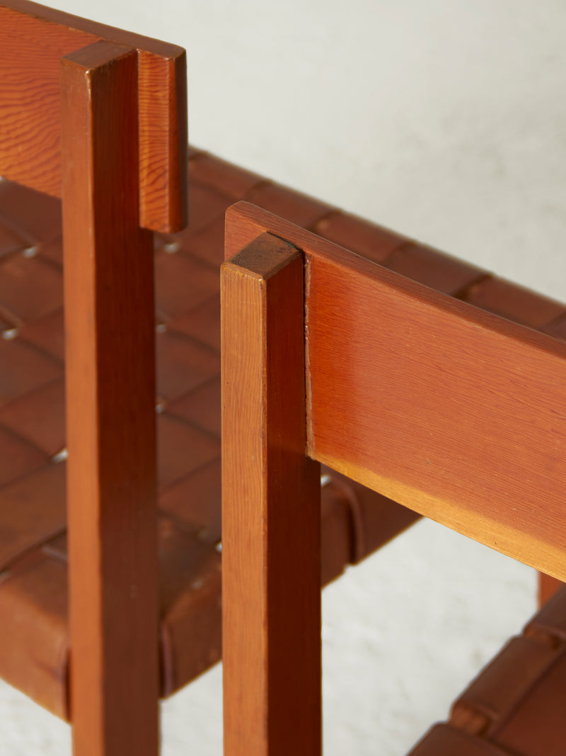 Pair of Pine and Leather Chairs