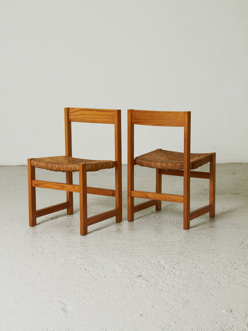 Pair of Pine and Rush Dining Chairs mod. 183