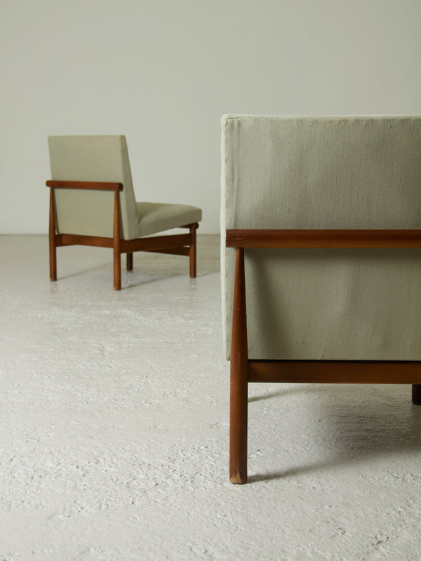 Pair of Upholstered Beech Lounge Chairs