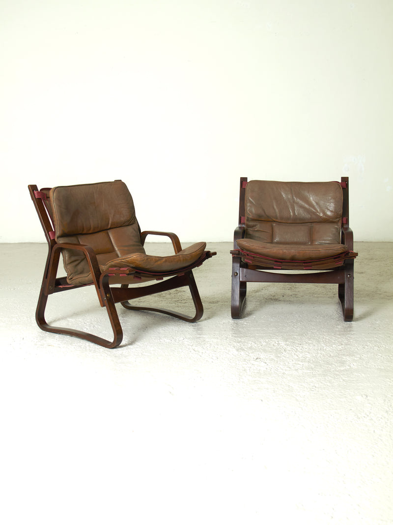 Pair of Nordic Wooden and Leather Armchairs