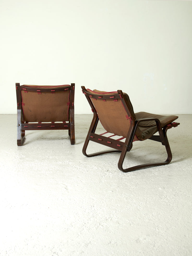 Pair of Nordic Wooden and Leather Armchairs