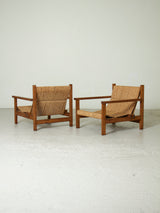 Pair of Oak and Rush Lounge Chairs