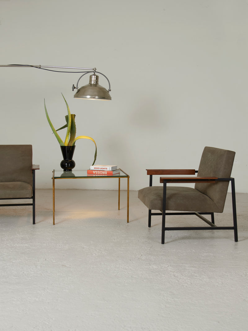 Pair of Iron, Wood, and Chenille Armchairs