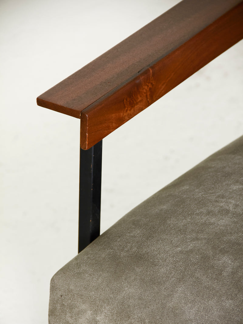 Pair of Iron, Wood, and Chenille Armchairs