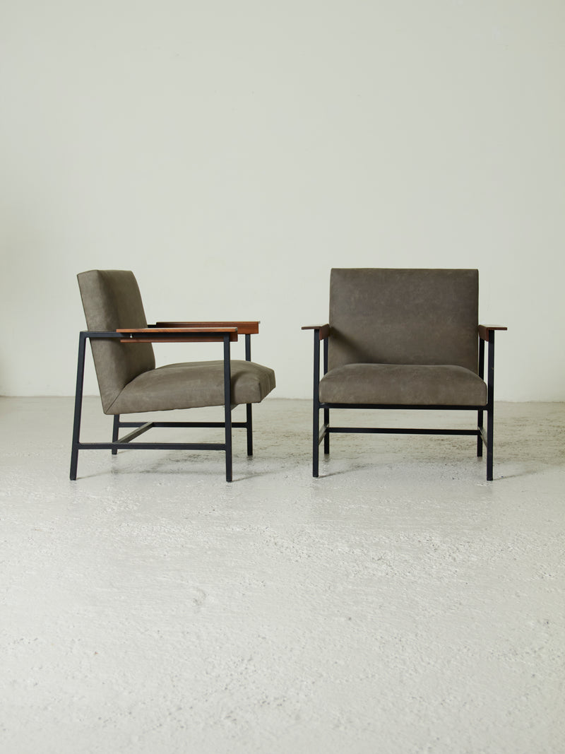 Pair of Iron, Wood, and Chenille Armchairs
