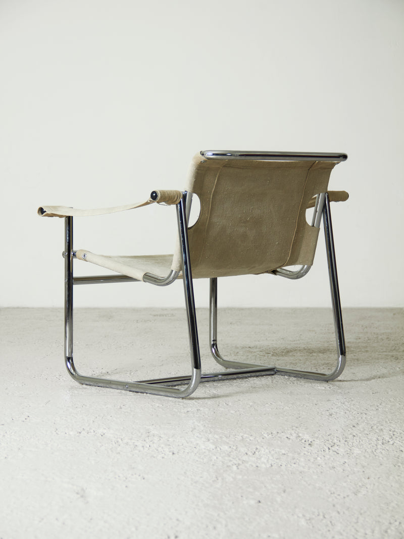 Chromed Tube and Canvas Armchair