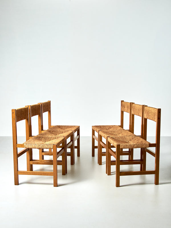 Set of Six Oak and Rush Dining Chairs