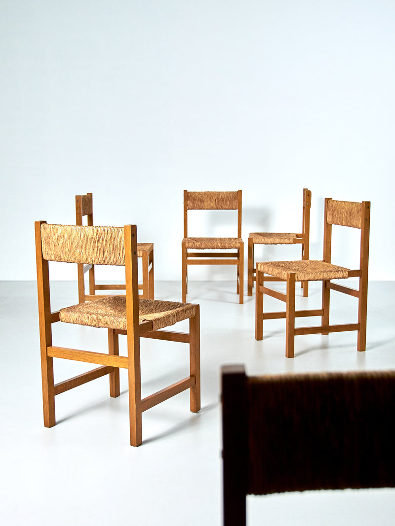 Set of Six Oak and Rush Dining Chairs