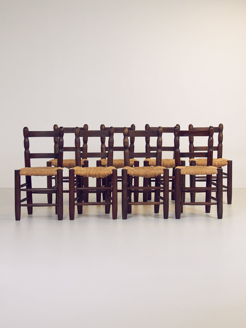 Set of Eight Oak and Rush Chairs