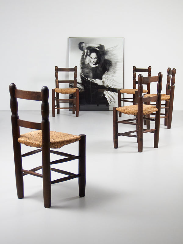 Set of Eight Oak and Rush Chairs