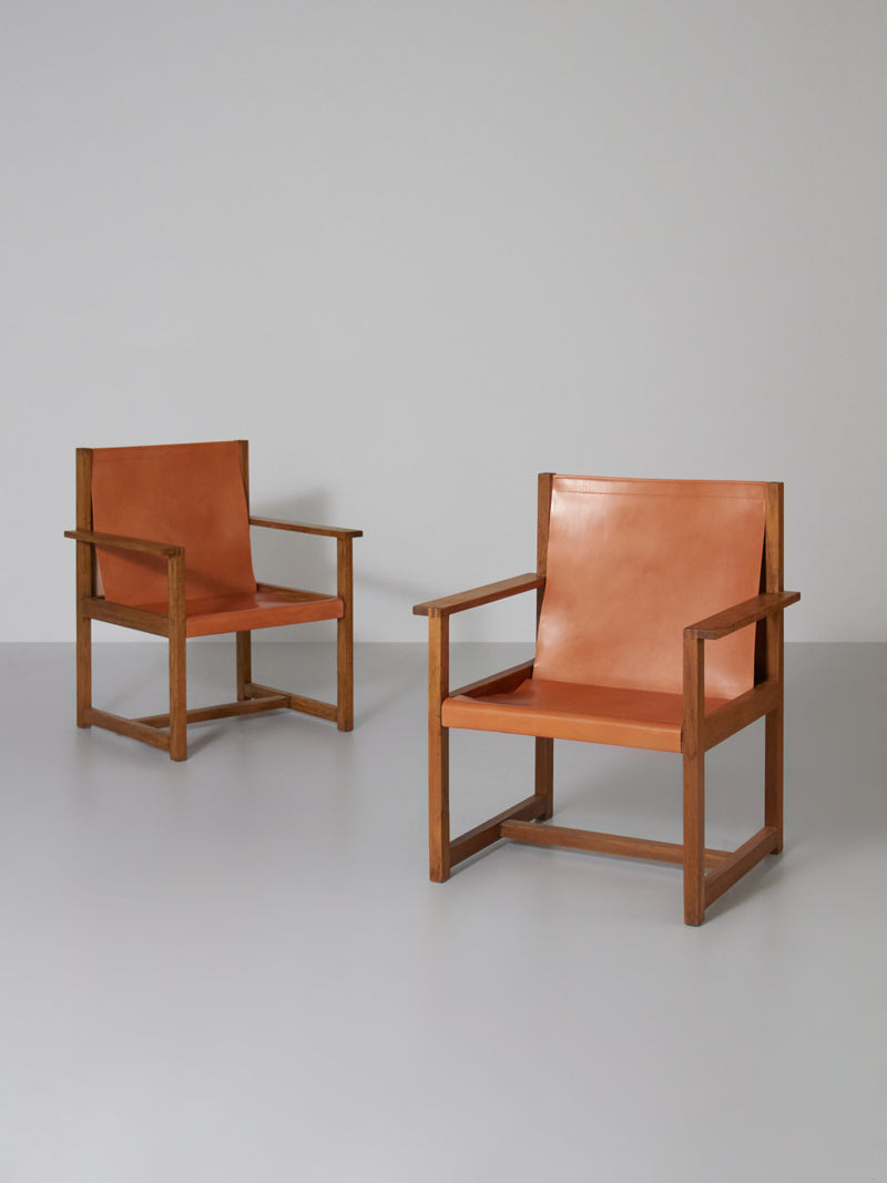 Pair of Oak and Leather Lounge Chairs