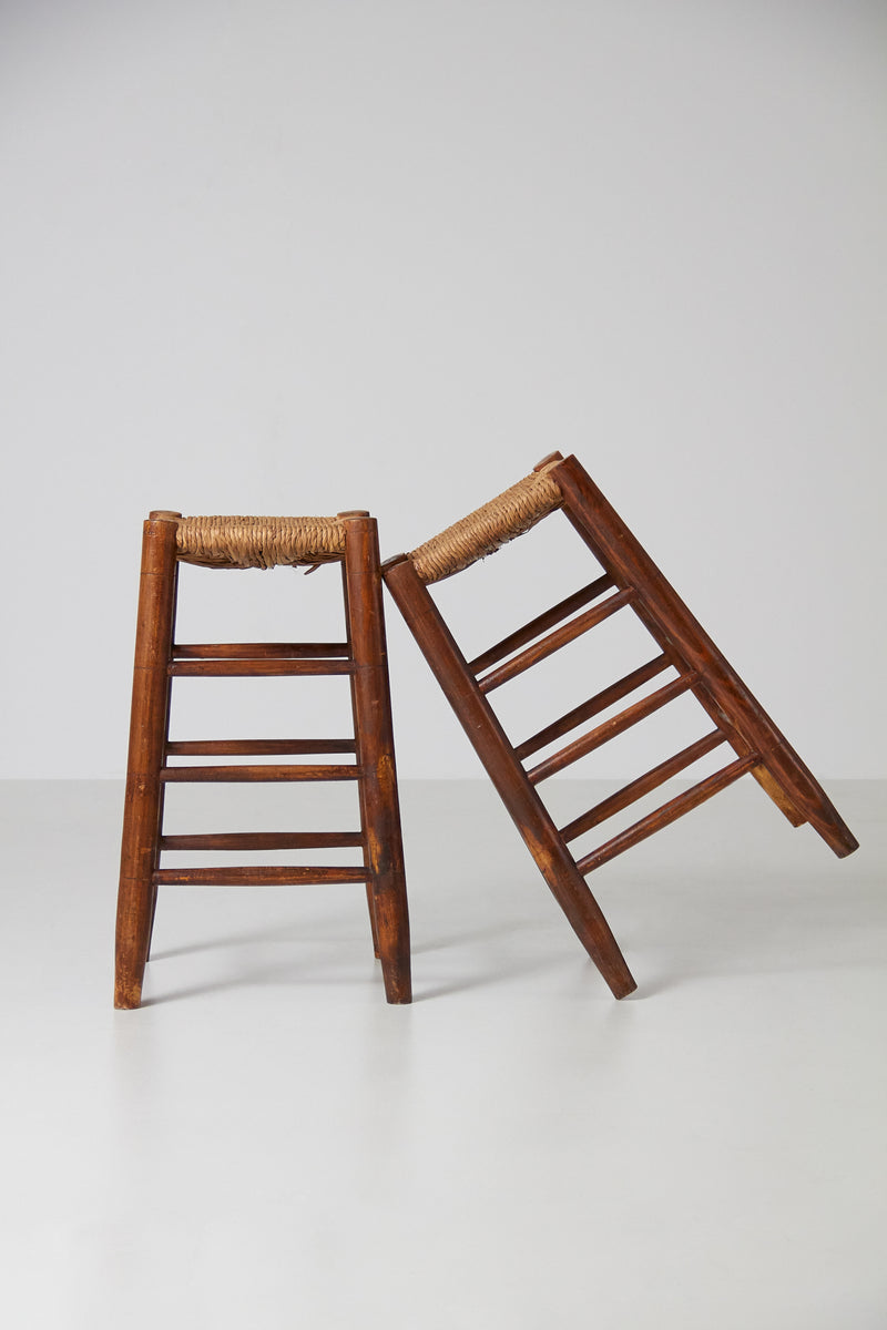 High Wooden and Cattail Stools